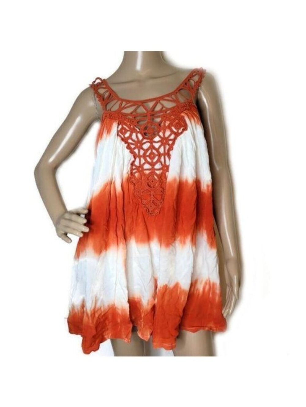 Orange & White Tie-Dye Tank Dress With Crochet Front & Adjustable Straps small